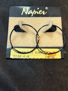 Vintage Napier CLIPLESS Black Hoop Earrings Gold Bead Accents 1980s 1990s